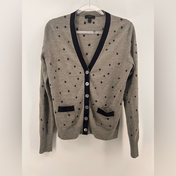 J. Crew Graphite Navy Star Harlow Cardigan Sweater Merino Wool Blend M Medium - Picture 2 of 11